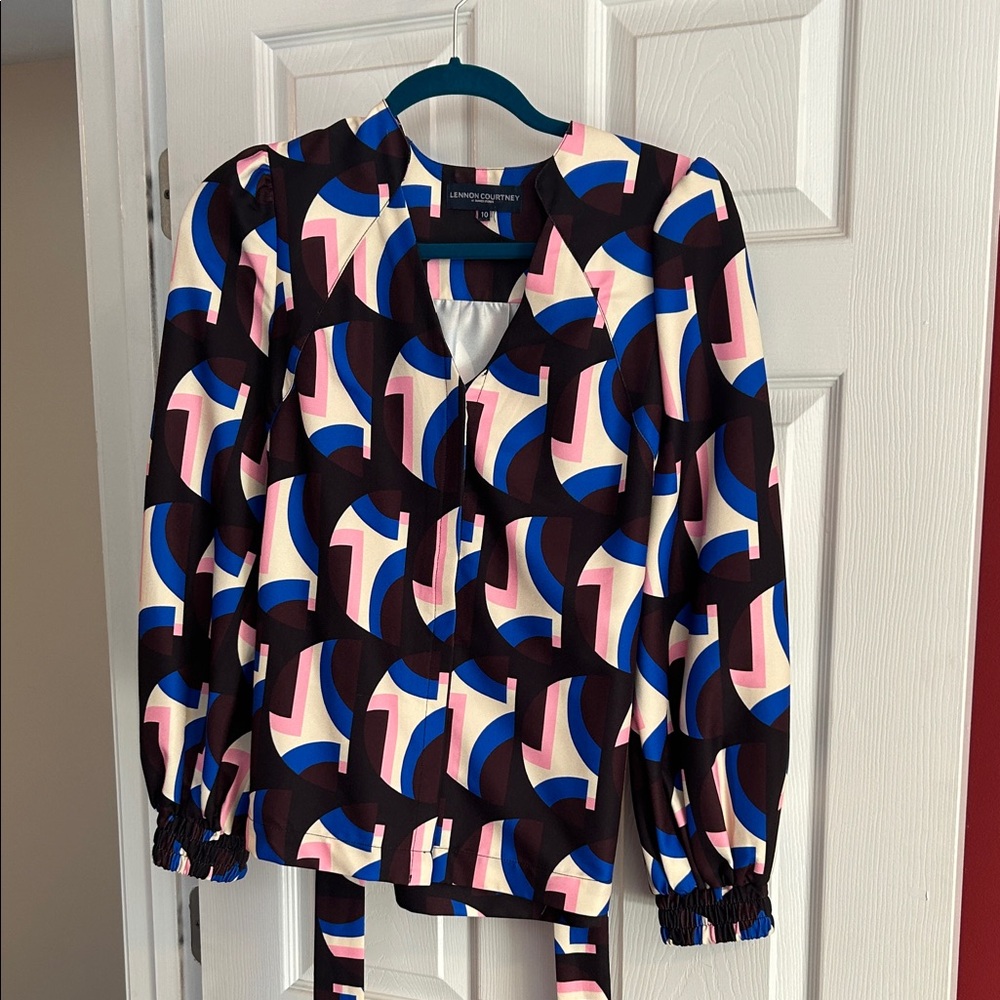 Geometric Blouse in Blue, Pink, and Black